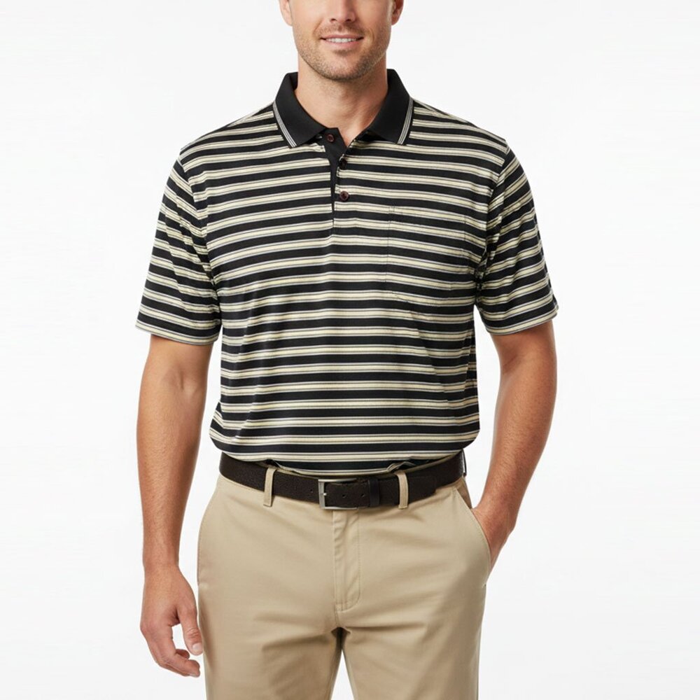 Cutter & Buck Men’s Striped Golf Polo Shirt Cotton Performance Navy Blue Yellow